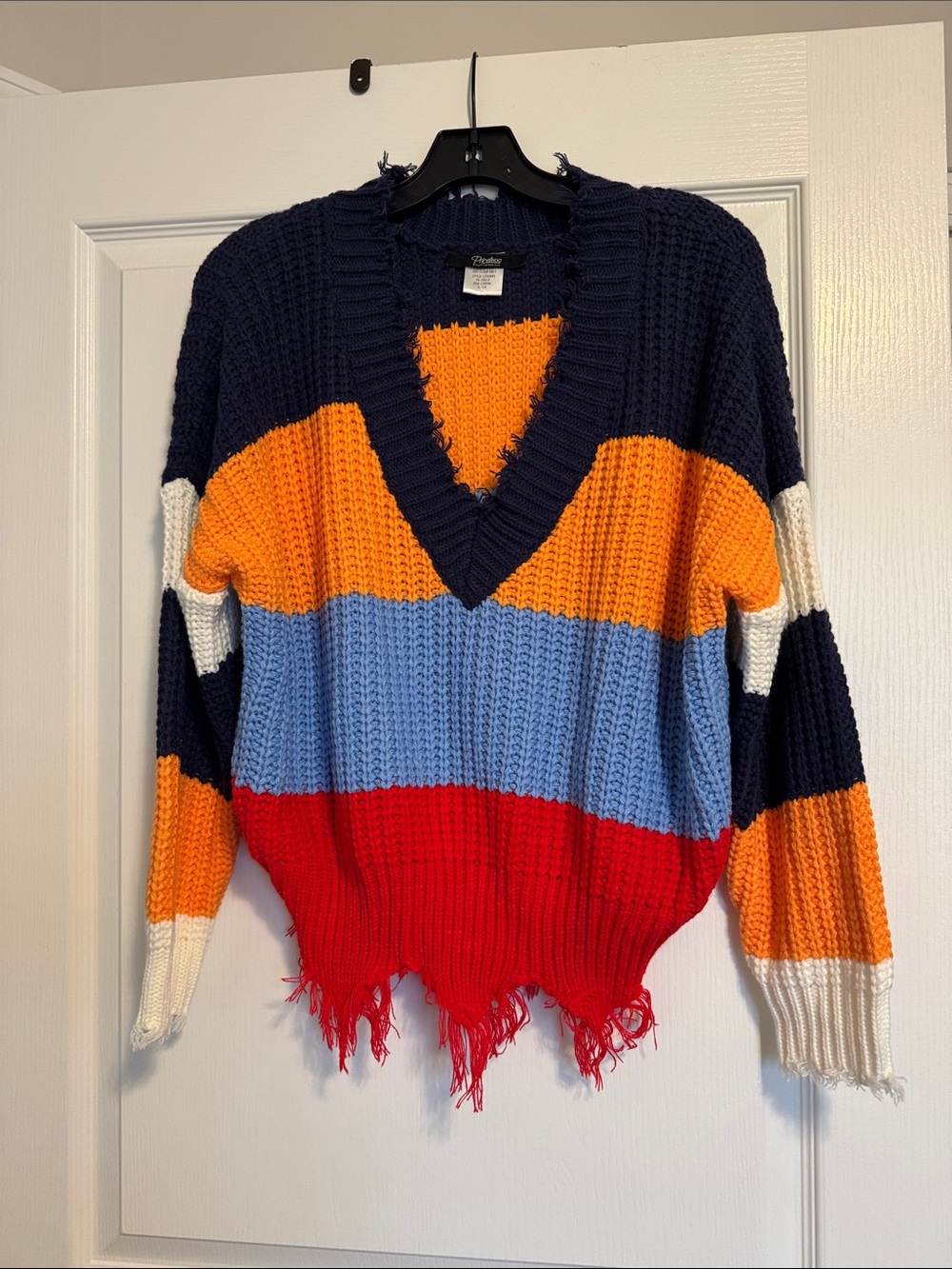 Multicolor Striped V-Neck Women's Sweater - Navy, Orange, Blue, Red